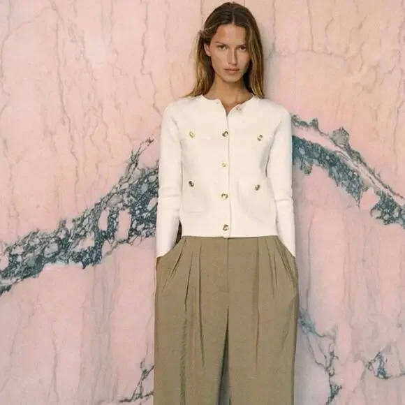 Zara Knit Gold Button Cardigan White Small Quiet Luxary Office Business Casual - Picture 2 of 8